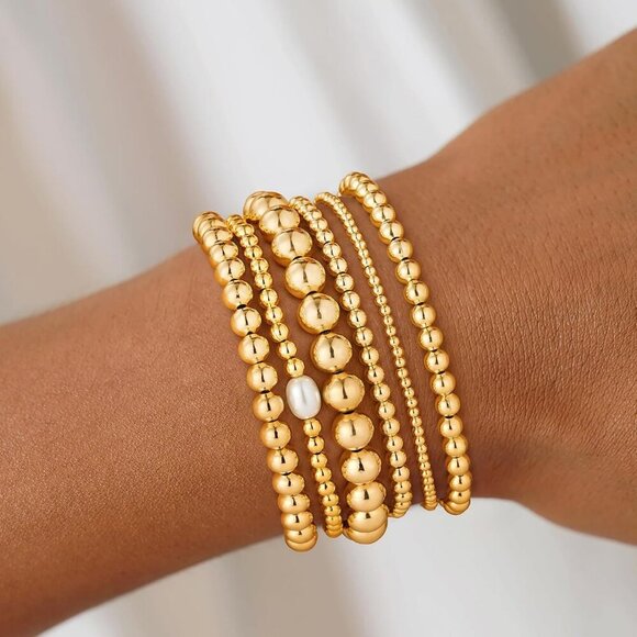 Gold Beaded Bracelet Set for Women Pearl Stack Adjustable Stretch Jewelry Gift - Picture 7 of 7